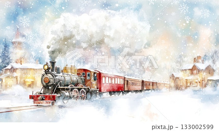 Hand painted watercolor Christmas background with a vintage steam train in a snowy landscape 133002599