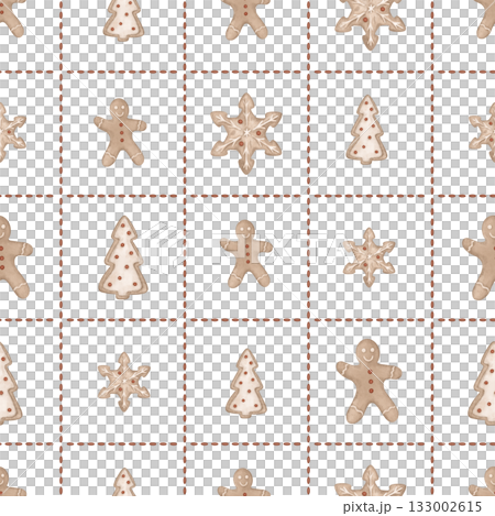 Christmas seamless pattern with gingerbread man and cookies in the shape of a snowflake and tree. Repeat new year ornament with illustration sweet winter cookie on checkered background 133002615