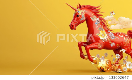 Red unicorn illustration with floral patterns celebrating Chinese New Year festivities and traditions Red unicorn illustration with floral patterns celebrating Chinese New Year festivities and traditions 133002647