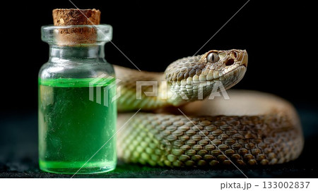 Snake coiled beside a glass vial containing vibrant green venom, showcasing nature's potency and beauty 133002837
