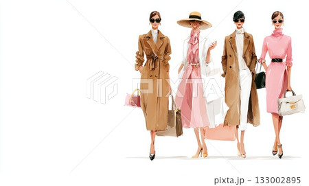 Fashionable women in stylish outfits walking confidently with bags in a vibrant urban setting Fashionable women in stylish outfits walking confidently with bags in a vibrant urban setting 133002895