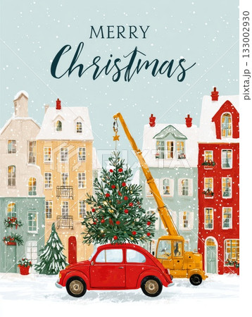 Festive winter scene with decorated Christmas tree and vintage car in snowy town square 133002930