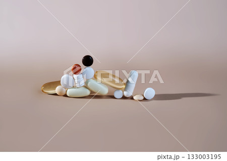 Assorted colorful pills and capsules for healthcare and wellness 133003195