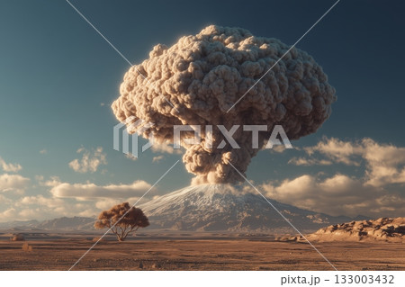 Eruption of a Volcano Creates a Massive Cloud Over a Barren Landscape in Daylight 133003432
