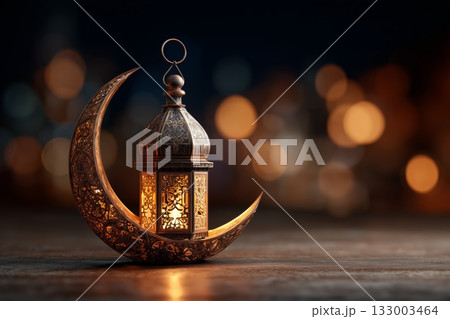 Decorative Lantern on Crescent Moon for Festive Ambiance During Night Celebrations 133003464