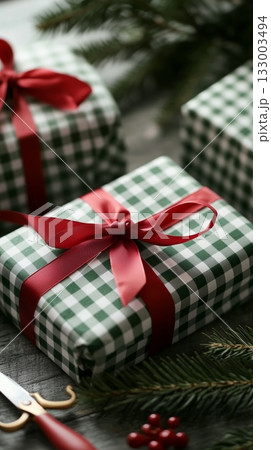 Beautifully Wrapped Gifts With Red Ribbons and Greenery on Wooden Table During Holiday Season 133003494