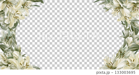 White lily flower and leaves in cemicircular frame as a symbol of grief and sorrow.Grace in its solitude and peace.Hand drawn watercolor template for funeral,baptism,communion,wedding,church ceremony 133003695