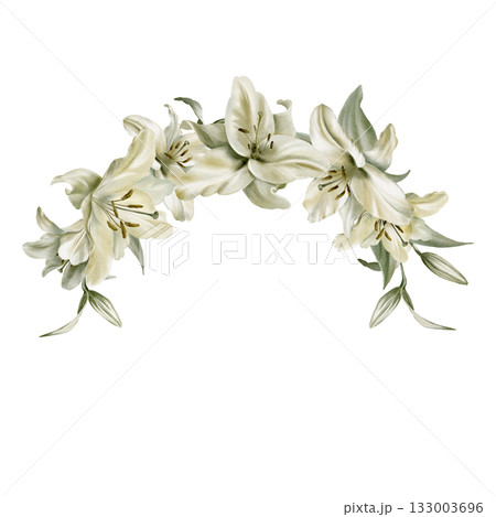 White lilies with leaves in cemicircular frame symbolizing purity,innocence,holiness communion.Hand drawn watercolor illustration for chapel ceremonies,advertisements 133003696