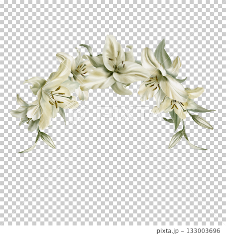 White lilies with leaves in cemicircular frame symbolizing purity,innocence,holiness communion.Hand drawn watercolor illustration for chapel ceremonies,advertisements 133003696