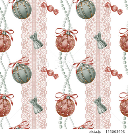 Christmas seamless pattern with vertical waves of pearl beads,ribbon openwork lace,Christmas tree balls in velvet with ribbons bows,caramel and chocolate candies.Hand drawn watercolor illustrations Christmas seamless pattern with vertical waves of pearl beads,ribbon openwork lace,Christmas tree balls in velvet with ribbons bows,caramel and chocolate candies.Hand drawn watercolor illustrations 133003698
