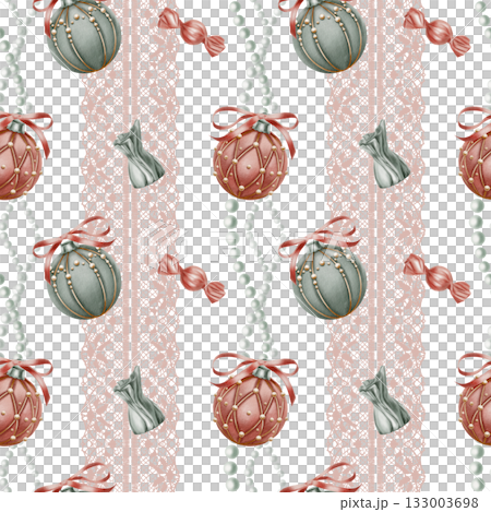 Christmas seamless pattern with vertical waves of pearl beads,ribbon openwork lace,Christmas tree balls in velvet with ribbons bows,caramel and chocolate candies.Hand drawn watercolor illustrations Christmas seamless pattern with vertical waves of pearl beads,ribbon openwork lace,Christmas tree balls in velvet with ribbons bows,caramel and chocolate candies.Hand drawn watercolor illustrations 133003698