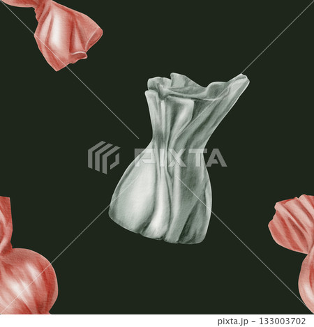 Candy with caramel and chocolate flavor in vintage style with bright wrappers in seamless pattern as symbol of holiday,birthday,Christmas,new year.Watercolor hand drawn illustration on dark green 133003702