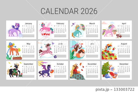 Horizontal calendar for 2026 featuring charming horse. Monthly fantasy unicorn. Each scene shows unique mood for every season. Week starts on Monday. Vector flat illustration. Horizontal calendar for 2026 featuring charming horse. Monthly fantasy unicorn. Each scene shows unique mood for every season. Week starts on Monday. Vector flat illustration. 133003722