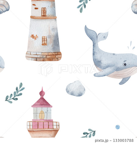 Whimsical kids seamless pattern with cheerful whale, lighthouse, green seaweed. Pastel watercolor nautical design with air bubble. Repeating texture for nursery decor, summer themes. White background Whimsical kids seamless pattern with cheerful whale, lighthouse, green seaweed. Pastel watercolor nautical design with air bubble. Repeating texture for nursery decor, summer themes. White background 133003788