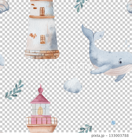 Whimsical kids seamless pattern with cheerful whale, lighthouse, green seaweed. Pastel watercolor nautical design with air bubble. Repeating texture for nursery decor, summer themes. White background Whimsical kids seamless pattern with cheerful whale, lighthouse, green seaweed. Pastel watercolor nautical design with air bubble. Repeating texture for nursery decor, summer themes. White background 133003788