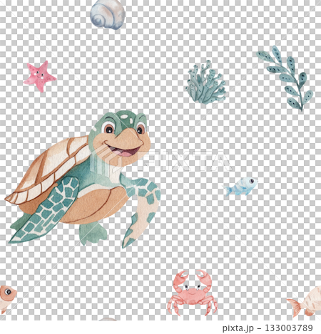 Cheerful kids seamless pattern with happy turtle, cute crab and blue fish. Hand drawn watercolor seashells and green seaweed on white background. Whimsical underwater design for nursery decor, fabric Cheerful kids seamless pattern with happy turtle, cute crab and blue fish. Hand drawn watercolor seashells and green seaweed on white background. Whimsical underwater design for nursery decor, fabric 133003789