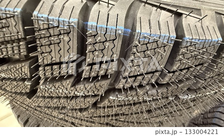 Close-up of winter tire tread with detailed texture and patterns for automotive safety background 133004221