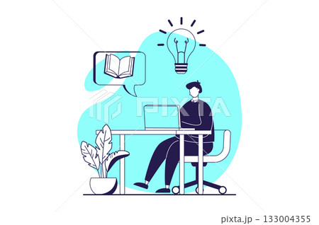 Distant learning web concept with flat people for website design. Student reading books from laptop, studying with digital textbooks, doing homework and getting knowledges. Vector illustration. 133004355