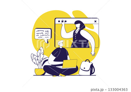 Distant learning web concept with flat people for website design. Teenage boy studying online from laptop with teacher video lesson, student watching webinar at virtual class. Vector illustration. 133004363