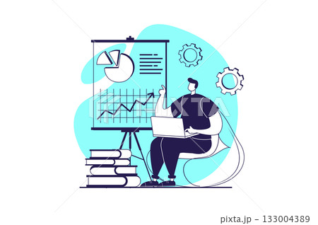 Digital business web concept with flat people for website design. Man analyzing financial data on diagram with growth trend, analyzing sells performances, getting profit progress. Vector illustration. Digital business web concept with flat people for website design. Man analyzing financial data on diagram with growth trend, analyzing sells performances, getting profit progress. Vector illustration. 133004389