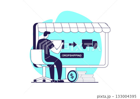 Digital business web concept with flat people for website design. Man working in online dropshipping company, getting orders with payments and shipping products to clients. Vector illustration. 133004395