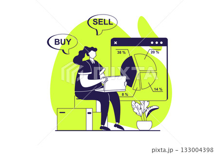 Digital business web concept with flat people for website design. Woman analyzing financial data on diagram, working in online store, analyzing sells performances and clients. Vector illustration. Digital business web concept with flat people for website design. Woman analyzing financial data on diagram, working in online store, analyzing sells performances and clients. Vector illustration. 133004398