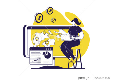 Digital business web concept with flat people for website design. Woman analyzing financial data on charts, working in online global commerce project, doing marketing research. Vector illustration. 133004400