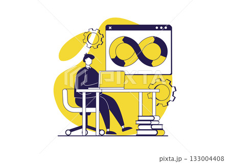 DevOps web concept with flat people for website design. Man working with agile production cycles, using management and programming connection, creating teamwork infrastructure. Vector illustration. 133004408