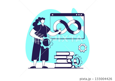 DevOps web concept with flat people for website design. Woman programming and working with management and job integration practice, agile workflow cycles in digital products. Vector illustration. 133004426