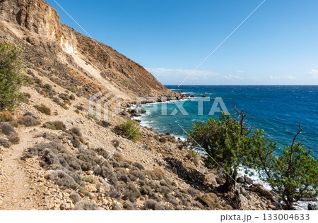 Hiking Trail Sfakion Loutro. Blue Sea and Beach. Crete. Greece Hiking Trail Sfakion Loutro. Blue Sea and Beach. Crete. Greece 133004633