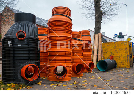 Plastic manhole wells and drainage pipes for underground utilities at city construction site Plastic manhole wells and drainage pipes for underground utilities at city construction site 133004689