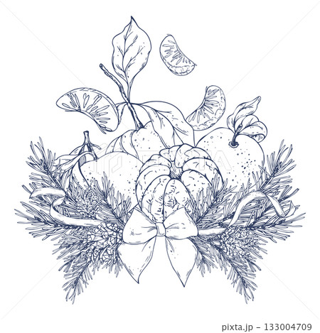 A Christmas arrangement with tangerines, pine branches, pine cones, and bows and ribbons. A hand-drawn monochrome line art graphic illustration. Perfect for winter and New Year s decor and prints. 133004709