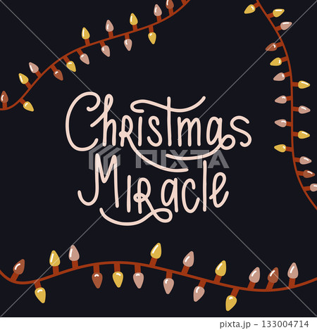 Vector illustration with Christmas Miracle lettering surrounded by glowing festive lights on dark background. Holiday design for greeting cards, posters, or social media. 133004714