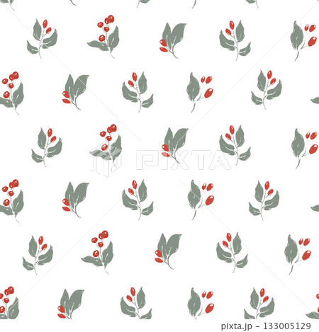 Whimsical Christmas floral seamless pattern of berries and leaves. Hand-drawn vintage composition isolated on white background. Illustration for design, print, fabric or background. Whimsical Christmas floral seamless pattern of berries and leaves. Hand-drawn vintage composition isolated on white background. Illustration for design, print, fabric or background. 133005129