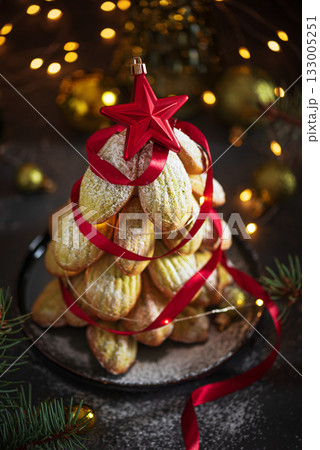 Madeleine Cookie Christmas Tree with Red Ribbon and Festive Decor 133005251