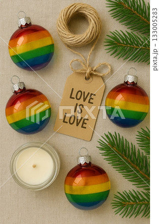 Festive Christmas Pride Flat Lay with Rainbow Ornaments, Pinecones, and Candles 133005283