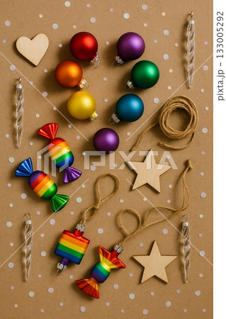 Festive Christmas Pride Flat Lay with Rainbow Ornaments, Pinecones, and Candles 133005292