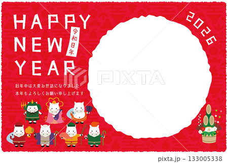 2026年　丸1つのフォトフレーム年賀状　赤背景　七福神 133005338