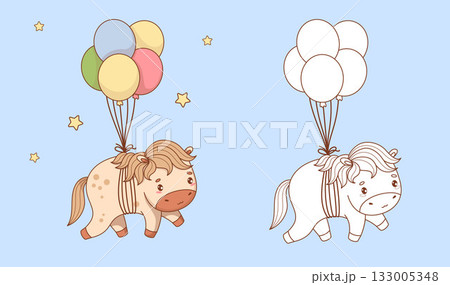 Cute Cartoon Horse on Balloons. Outline and Color Adorable Festive Pony Kawaii Animal. Coloring Book. Vector illustration. Kids collection. Not AI Cute Cartoon Horse on Balloons. Outline and Color Adorable Festive Pony Kawaii Animal. Coloring Book. Vector illustration. Kids collection. Not AI 133005348