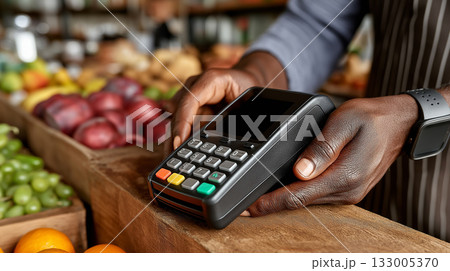 Cashier using payment terminal at market 133005370