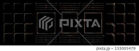 Golden thin frame, linear border, divider set on black background. Elegant gold geometric radiance borders luxury collection in art deco style. Vector illustration Golden thin frame, linear border, divider set on black background. Elegant gold geometric radiance borders luxury collection in art deco style. Vector illustration 133005479