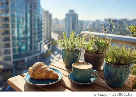 Small table on balcony with croissant and coffee cup. 133006165