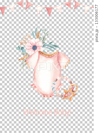 Watercolor baby shower, conformation or christening invitation for a baby girl with pink bodysuit, teething ring, and anemone bouquet with pink bunting. Perfect for newborn party or birth celebration Watercolor baby shower, conformation or christening invitation for a baby girl with pink bodysuit, teething ring, and anemone bouquet with pink bunting. Perfect for newborn party or birth celebration 133006177
