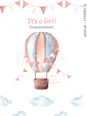 Cute baby shower girl announcement card template with hot air balloon, pink bunting flags and clouds. Hand drawn design for newborn greeting or gender reveal party. Cute baby shower girl announcement card template with hot air balloon, pink bunting flags and clouds. Hand drawn design for newborn greeting or gender reveal party. 133006178