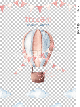 Cute baby shower girl announcement card template with hot air balloon, pink bunting flags and clouds. Hand drawn design for newborn greeting or gender reveal party. Cute baby shower girl announcement card template with hot air balloon, pink bunting flags and clouds. Hand drawn design for newborn greeting or gender reveal party. 133006178