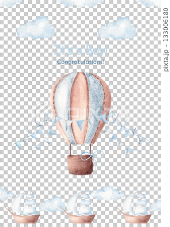Cute baby shower boy announcement card template with hot air balloon, blue flags, sea boat and clouds. Hand drawn design for newborn greeting or gender reveal party. Cute baby shower boy announcement card template with hot air balloon, blue flags, sea boat and clouds. Hand drawn design for newborn greeting or gender reveal party. 133006180