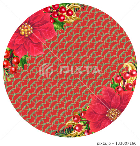 Red poinsettias. Round arrangement of luxurious Christmas flowers with a vintage gold trim. Watercolor template for tablecloths, placemats, and plates for home decor, table setting, or as a gift 133007160