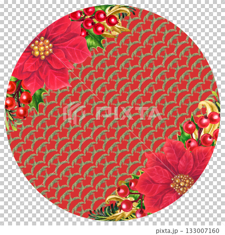 Red poinsettias. Round arrangement of luxurious Christmas flowers with a vintage gold trim. Watercolor template for tablecloths, placemats, and plates for home decor, table setting, or as a gift 133007160
