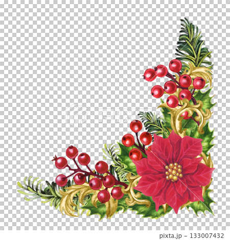 Red poinsettias. Luxurious Christmas arrangements with vintage gold vignette. Watercolor template for invitations, greeting cards, menus, tablecloths, table runners, home decor, table setting, gifts 133007432