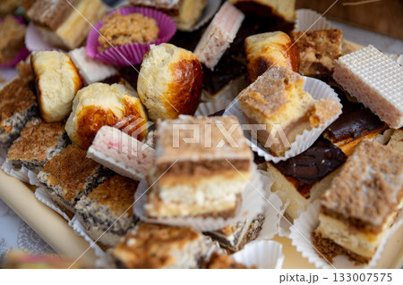 A Delicious and Inviting Assortment of Colorful and Tempting Sweets and Pastries 133007575